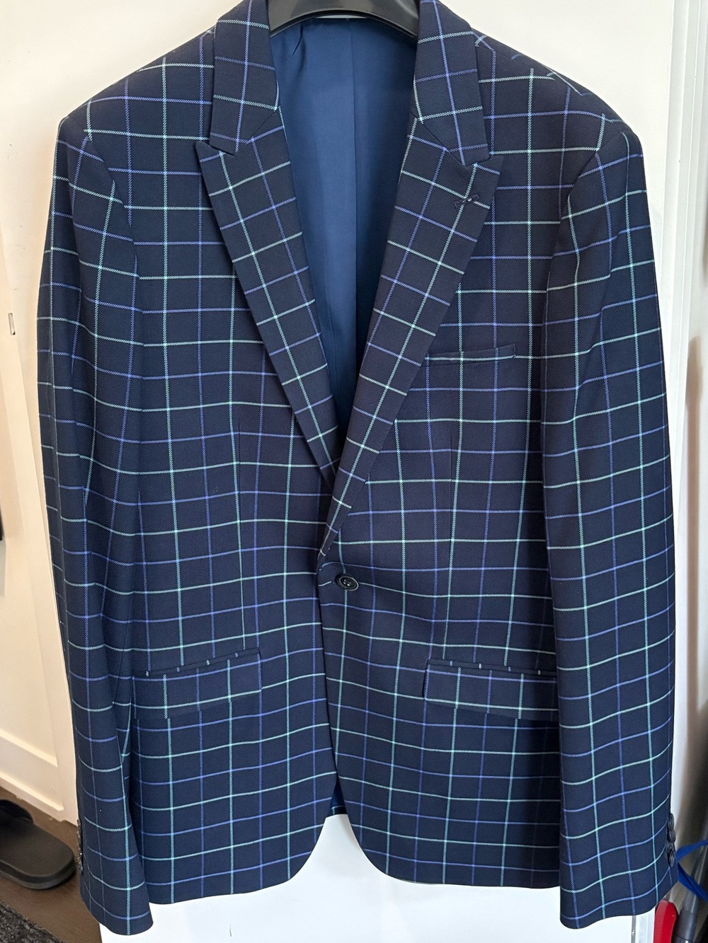 Topman Navy Windowpane Sport Coat with Light Blue Grid